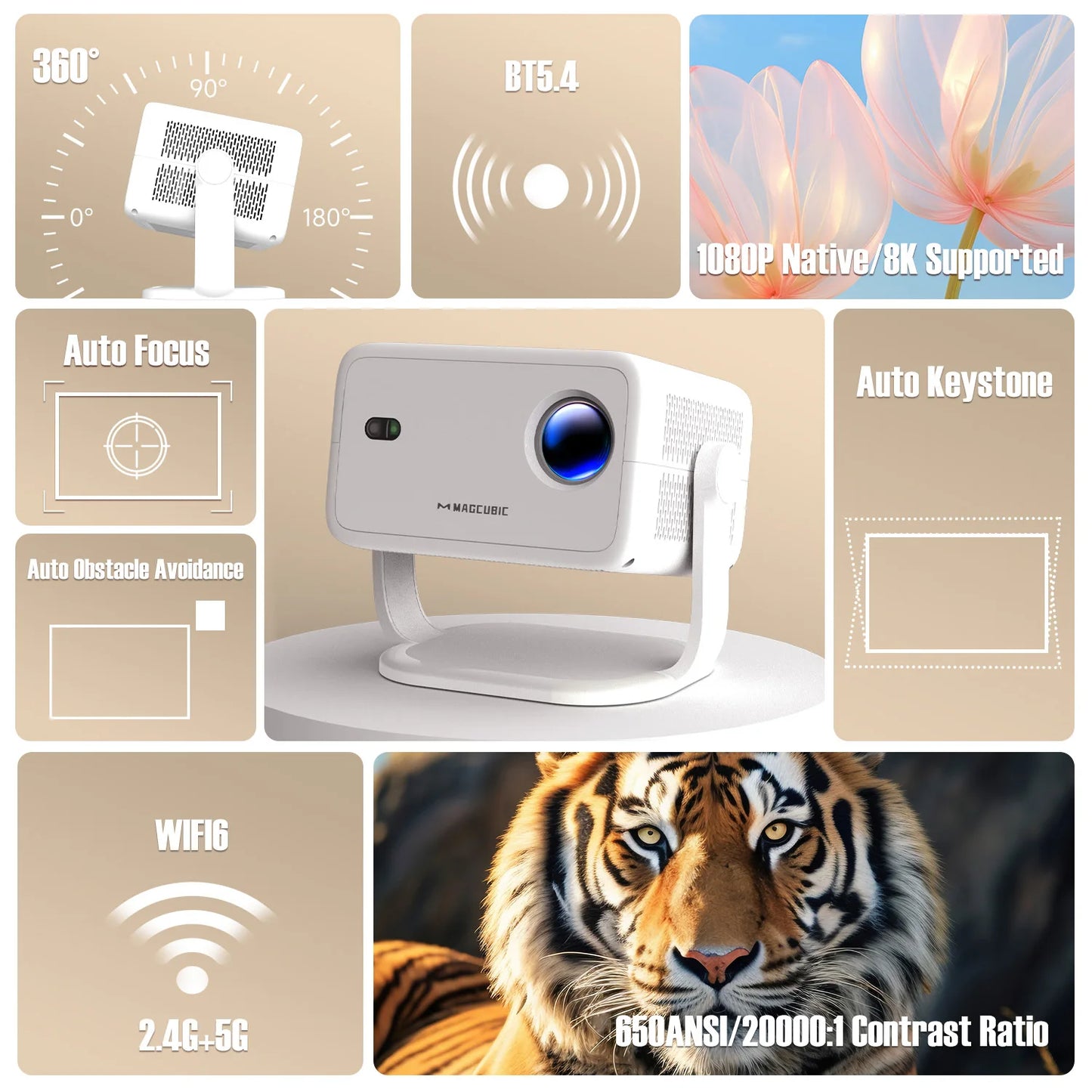 650ANSI L018 8K Native Portable Projector 1080P Auto Focus Keystone Correction Android 14 BT5.4 WIFI6 360° Home Cinema